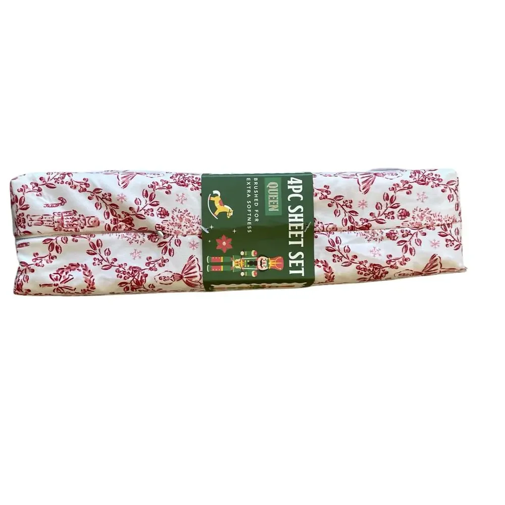 Envogue TWIN 4pc Sheet Set Nutcracker Toile Christmas Bedding Red & White New
